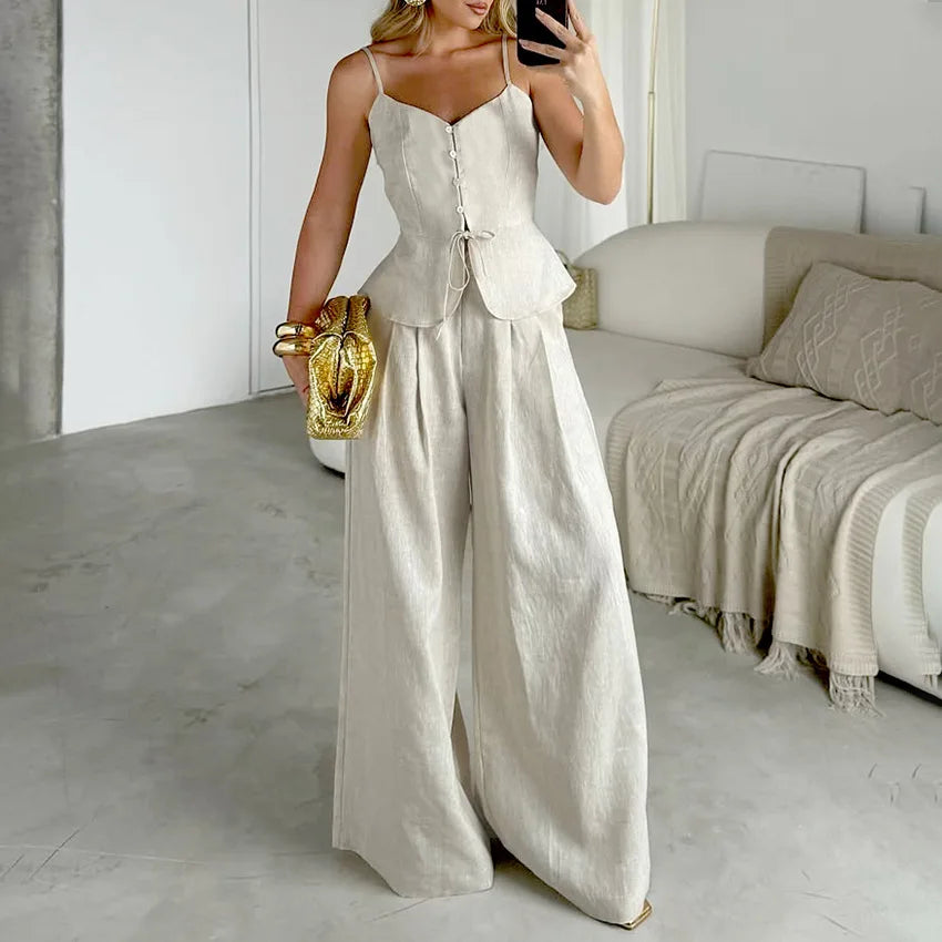 Women's Two-Piece Outfit Set – Sleeveless Vest & High-Waist Wide-Leg Trousers