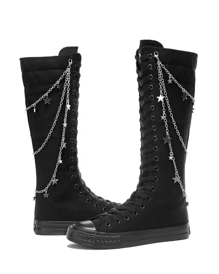 Women’s Knee-High Punk Knight Boots with Flat Sole - Metal Chain Detail - Cross-Tied Design