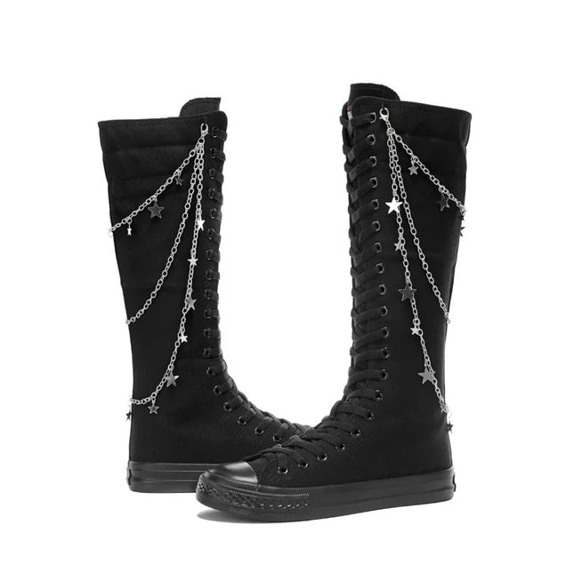 Women’s Knee-High Punk Knight Boots with Flat Sole - Metal Chain Detail - Cross-Tied Design