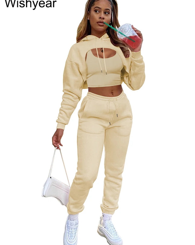 Wisyear Women's 3-Piece Velvet Tracksuit Set - Crop Hoodie, Vest, and Sweatpants Matching Outfit