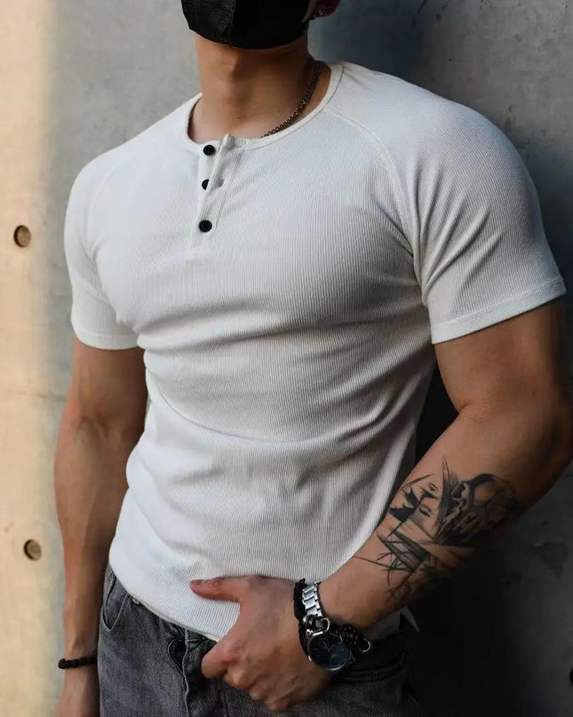 Men's Slim Fit Muscle T-Shirt - Half Button O-Neck