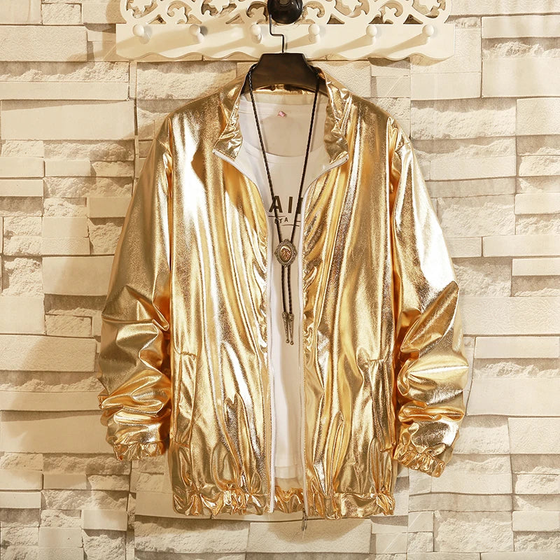 Gold reflective jacket on a hanger against a stone wall background