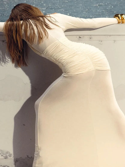 Women's Elegant Long Sleeve Bodycon Dress with Mesh Accents