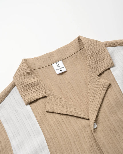 Men’s Two-Piece Set with Pleated Vertical-Stripe Lapel Shirt and Elastic-Waist Straight-Leg Pants