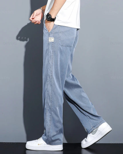 Men's Loose Fit Wide Leg Jeans in Soft Thin Lyocell Fabric with Drawstring Elastic Waist