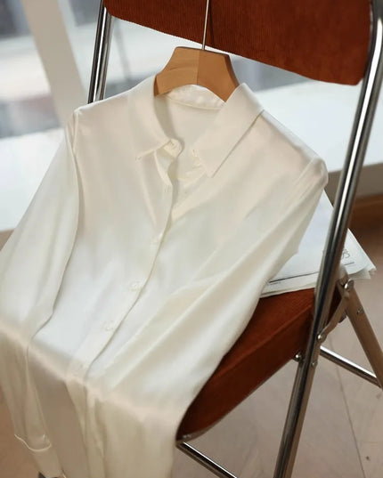 Elegant Satin Women's Blouse with Long Sleeves and Turn-down Collar