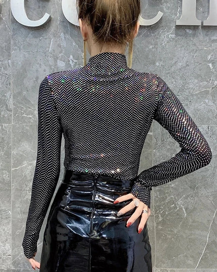 Shiny Sequin Turtleneck Sweater for Women - Long Sleeve Slim Fit Sequin Top