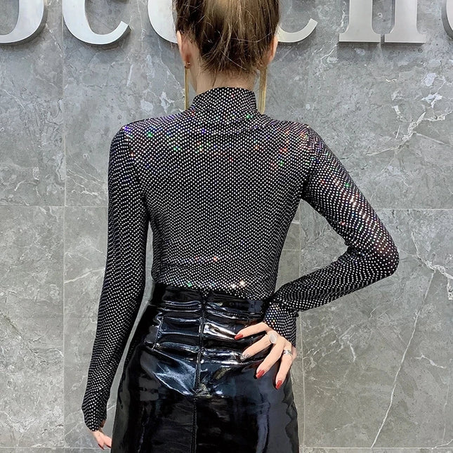 Shiny Sequin Turtleneck Sweater for Women - Long Sleeve Slim Fit Sequin Top