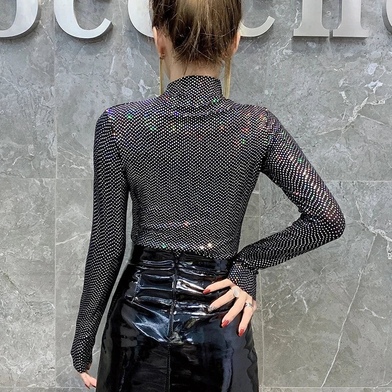 Shiny Sequin Turtleneck Sweater for Women - Long Sleeve Slim Fit Sequin Top