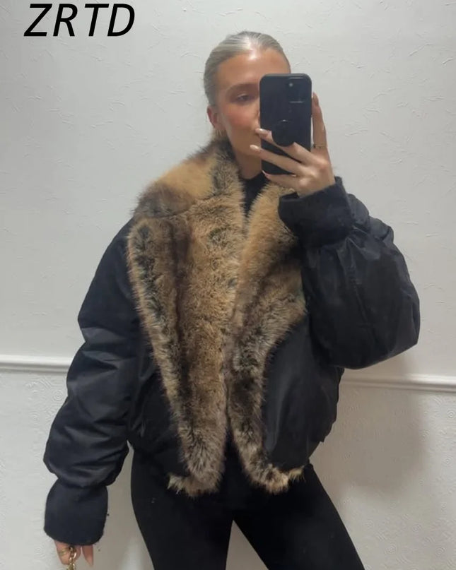 ZRTD Women's Faux Fur Patchwork Cropped Loose Lapel Jacket/Vest