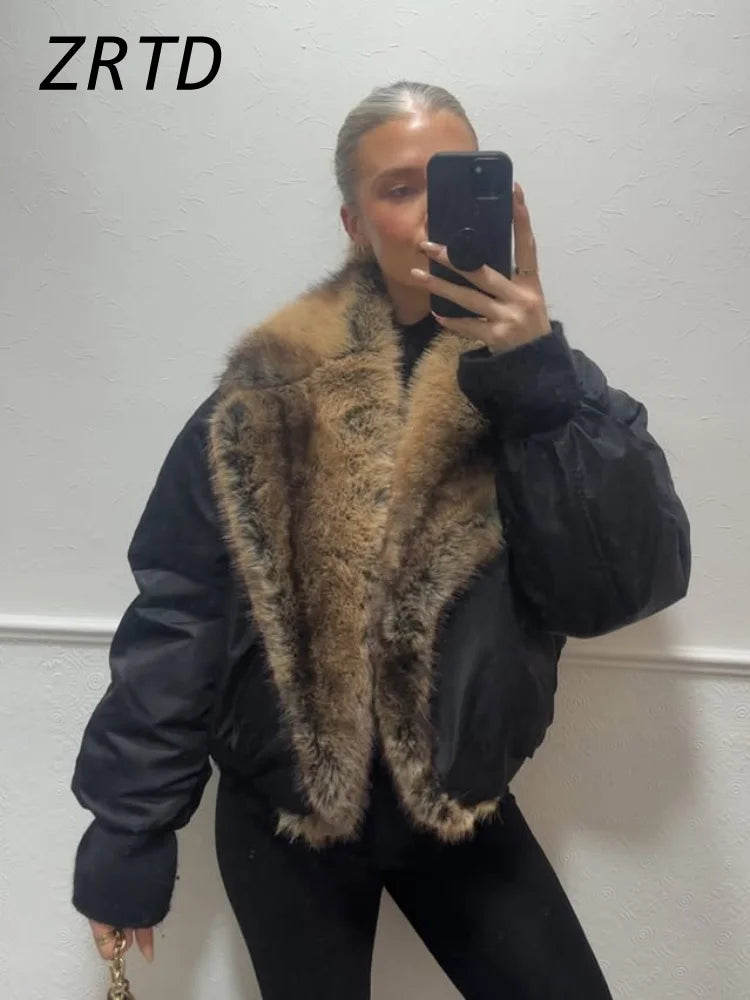 ZRTD Women's Faux Fur Patchwork Cropped Loose Lapel Jacket/Vest