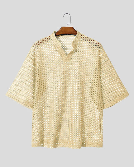 Incerun Men's Hollow Out V-Neck Short Sleeve T-Shirt - See-Through Loose Fit