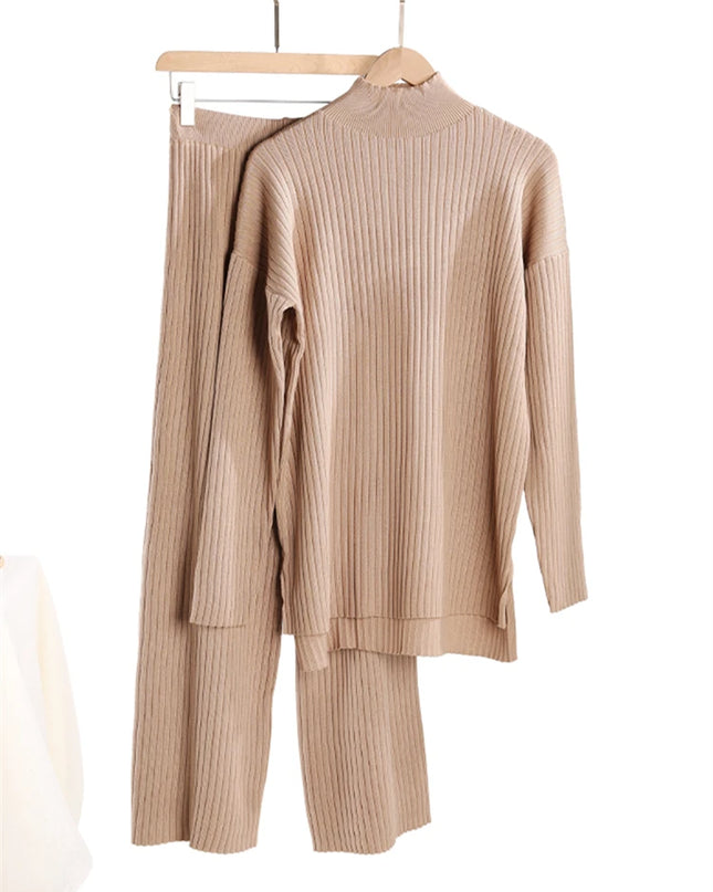Women's 2 Piece Knitted Turtleneck Sweater & Straight Leg Pants Set