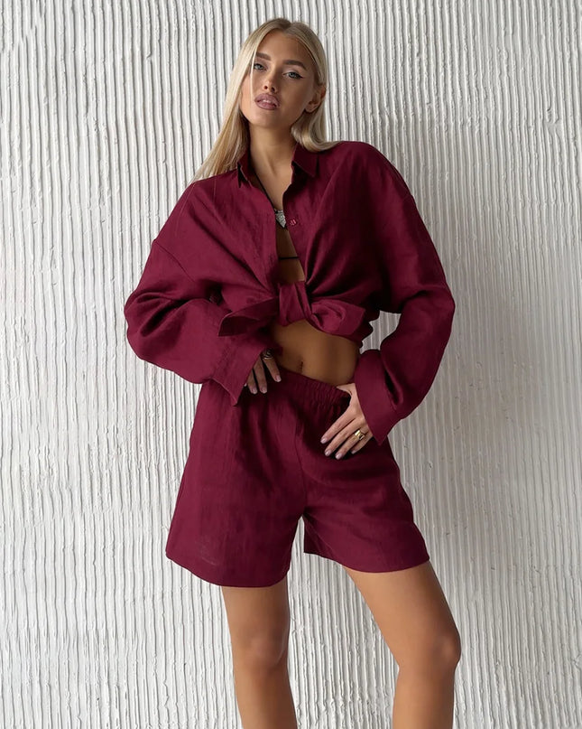Women's Cotton 2-Piece Shirt and Pants Set with Drawstring
