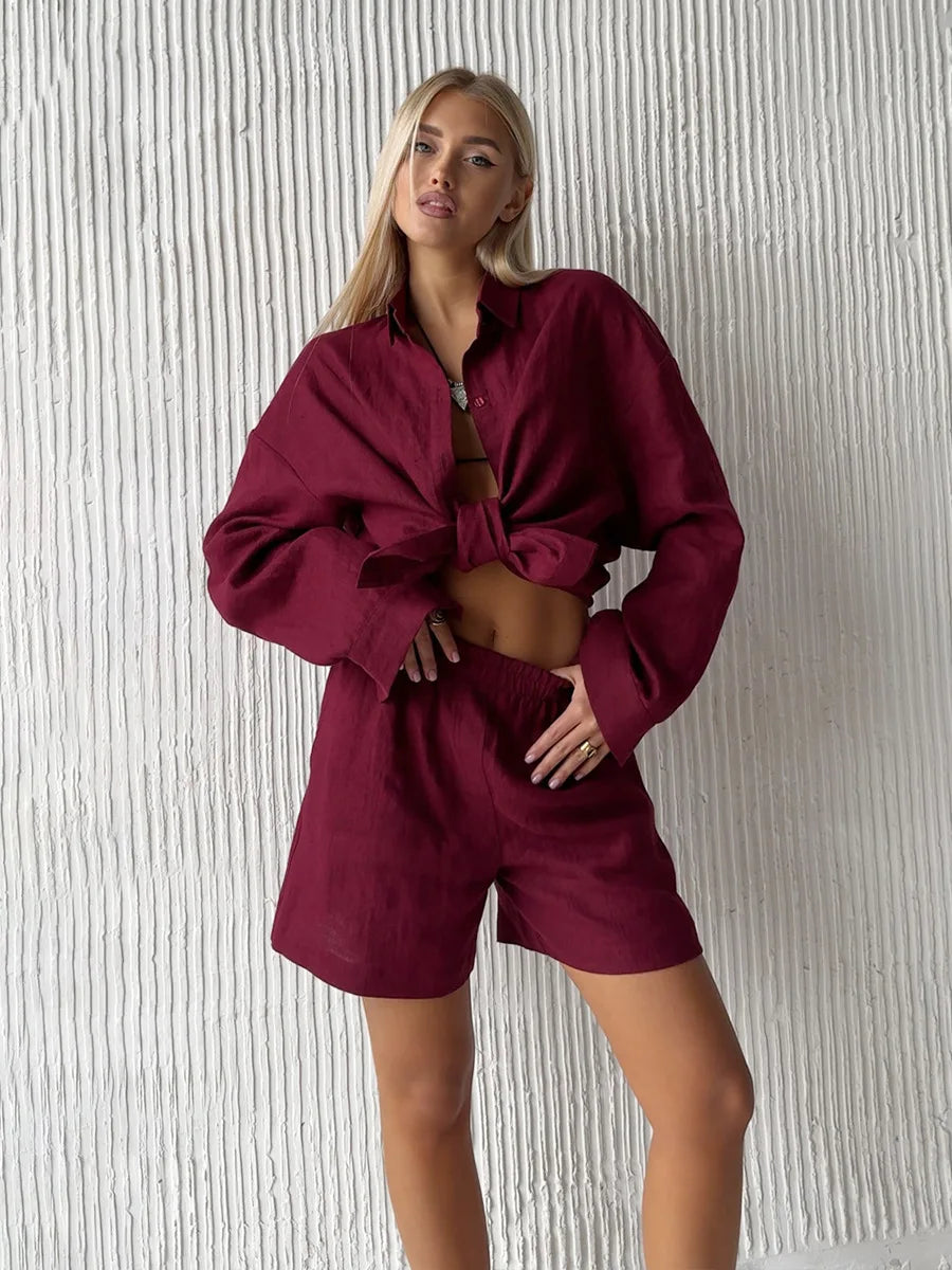 Women's Cotton 2-Piece Shirt and Pants Set with Drawstring