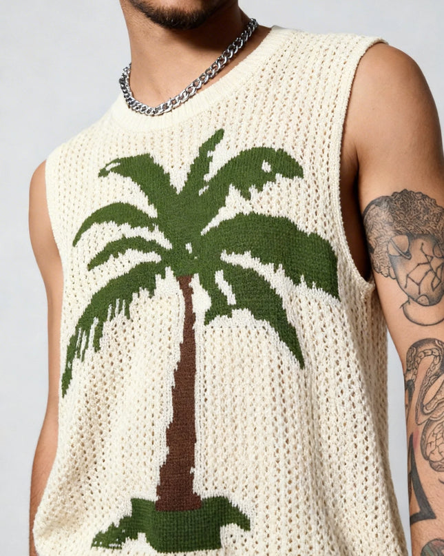 Men's Crochet Knit Vest with Palm Tree Print and Hollow Design