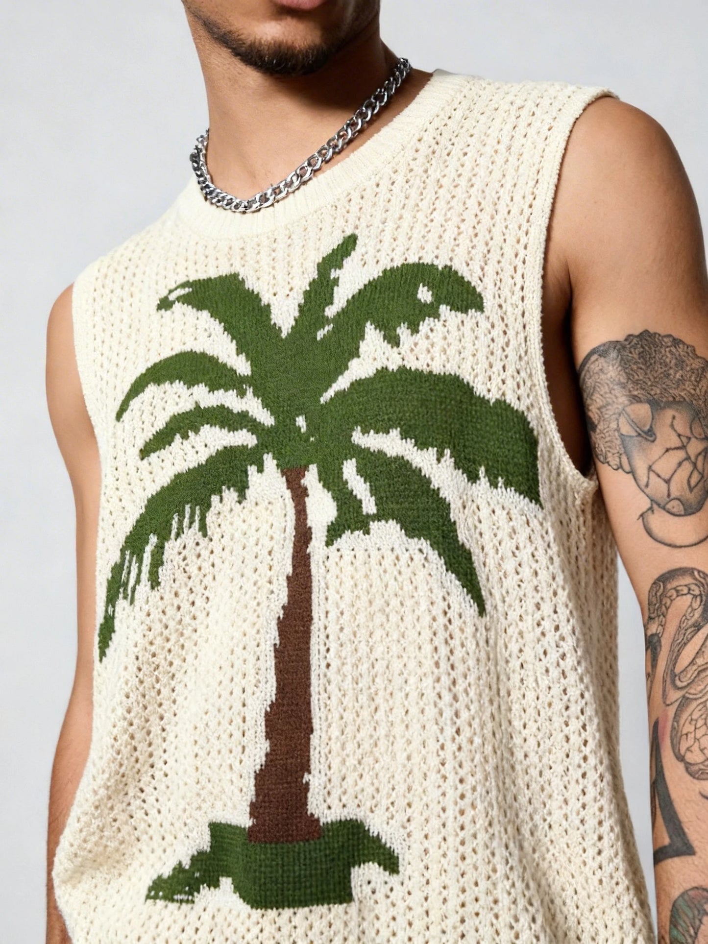 Men's Crochet Knit Vest with Palm Tree Print and Hollow Design