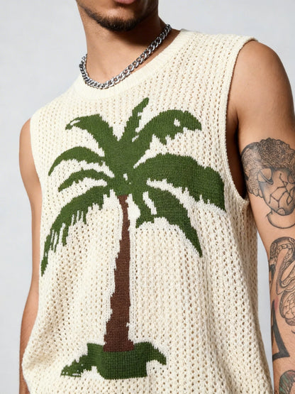 Men's Crochet Knit Vest with Palm Tree Print and Hollow Design