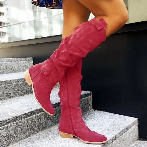 Women's Long Suede Boots with Low Heel and Side Zip - Stylish & Comfortable Footwear