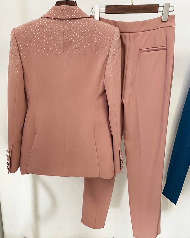 Women's Elegant Two-Piece Beaded Blazer and Pants Set with  Diamond Detailing