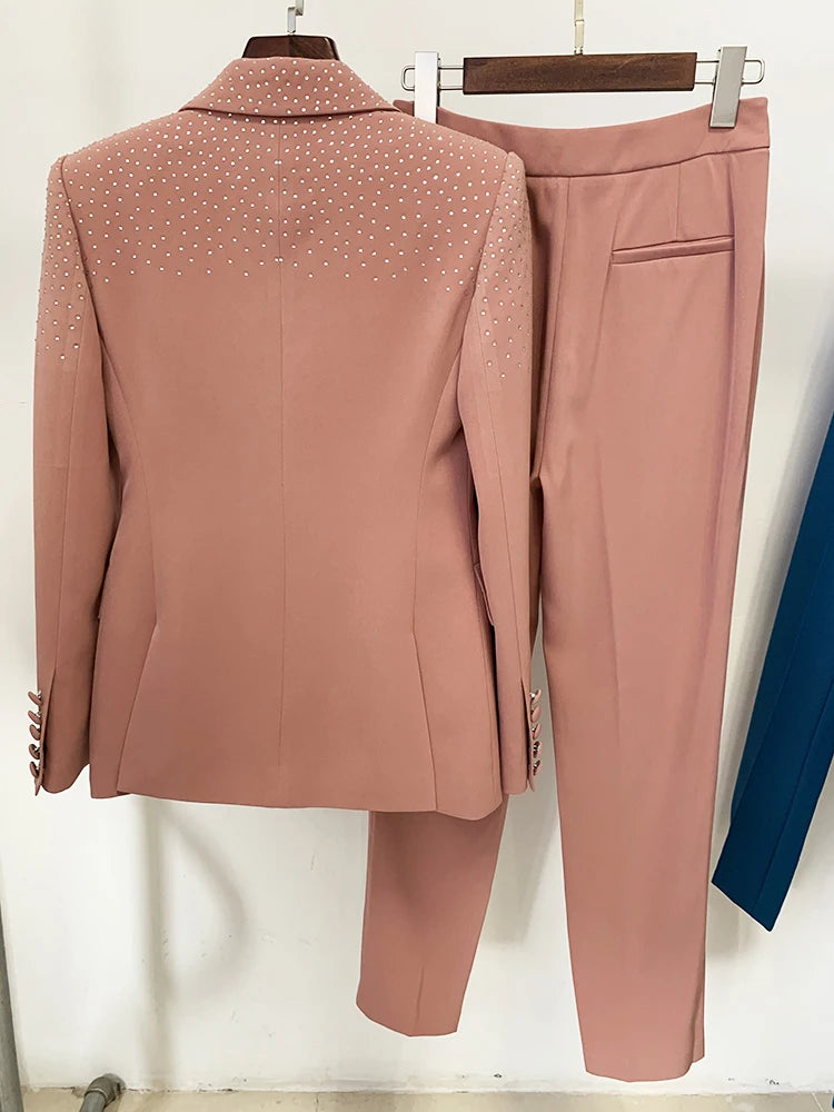 Women's Elegant Two-Piece Beaded Blazer and Pants Set with  Diamond Detailing