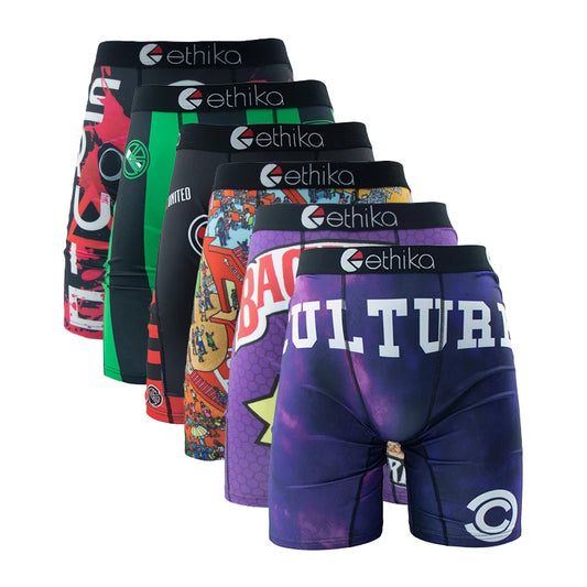 Five pairs of ethika boxer briefs in various designs on a white background