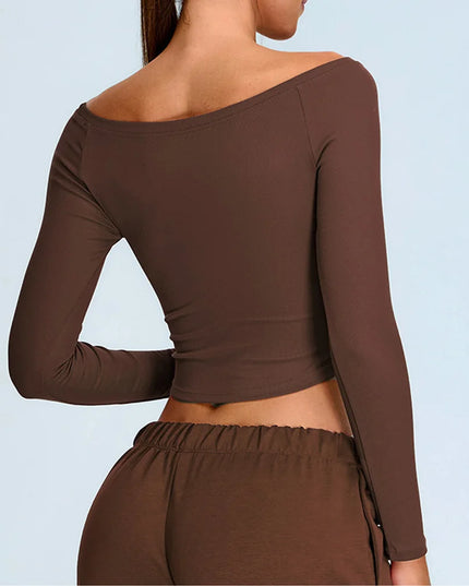 Women’s Off-Shoulder Long Sleeve Yoga Sweater - Quick-Dry, Cropped Fitness Top