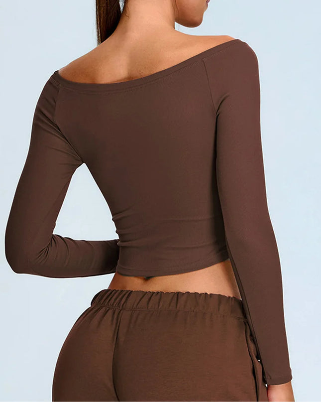 Women’s Off-Shoulder Long Sleeve Yoga Sweater - Quick-Dry, Cropped Fitness Top