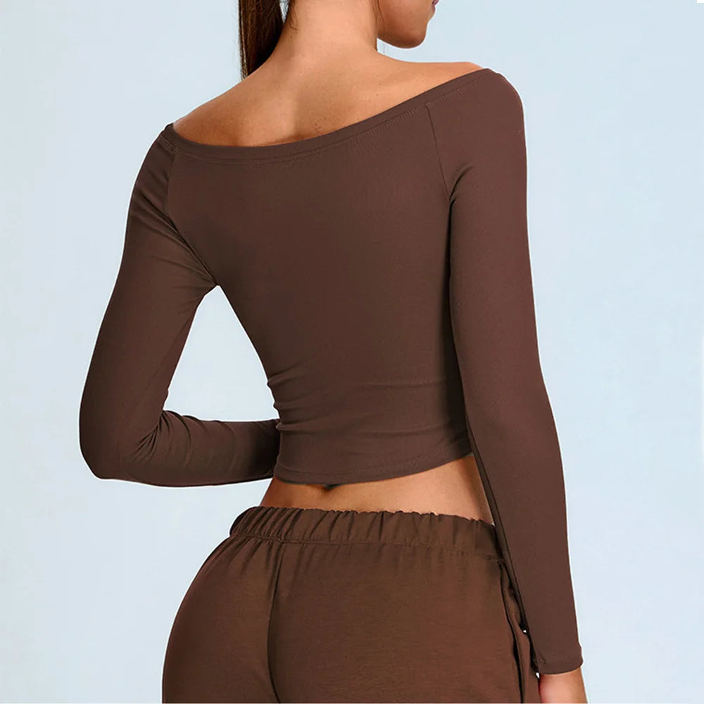 Women’s Off-Shoulder Long Sleeve Yoga Sweater - Quick-Dry, Cropped Fitness Top
