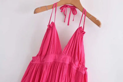 Women's Bow-Back Lacing Halter Collar Mesh Pleated Mini Dress