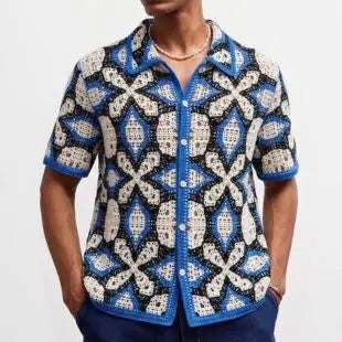 Men's Crochet Short Sleeve Casual Button-Down Shirt