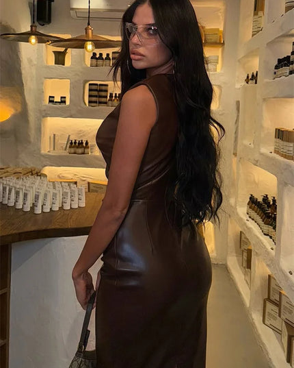 Women's PU Leather Maxi Dress - High Waist, Sleeveless, Slim Fit