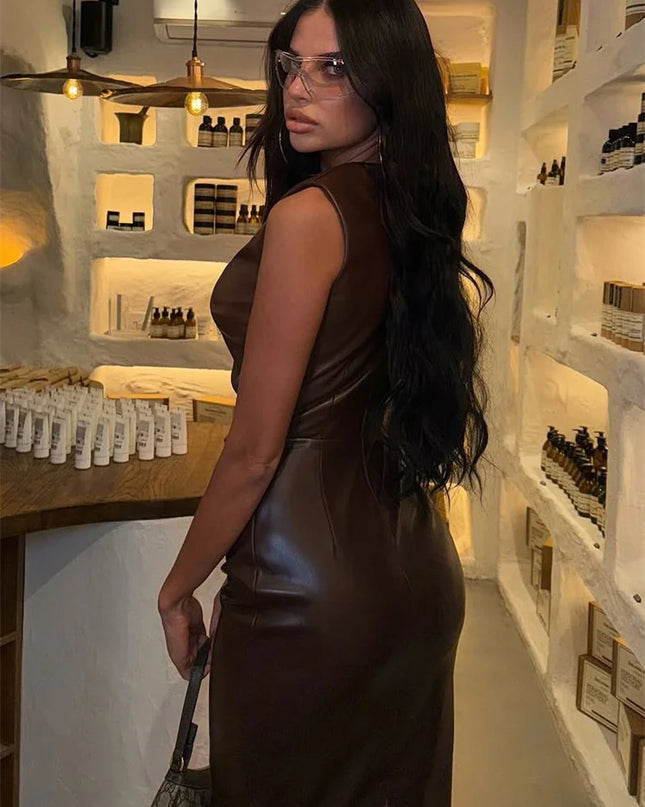 Women's PU Leather Maxi Dress - High Waist, Sleeveless, Slim Fit