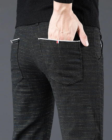 Men's Slim Fit Brushed Cotton-Linen Straight Plaid Trousers