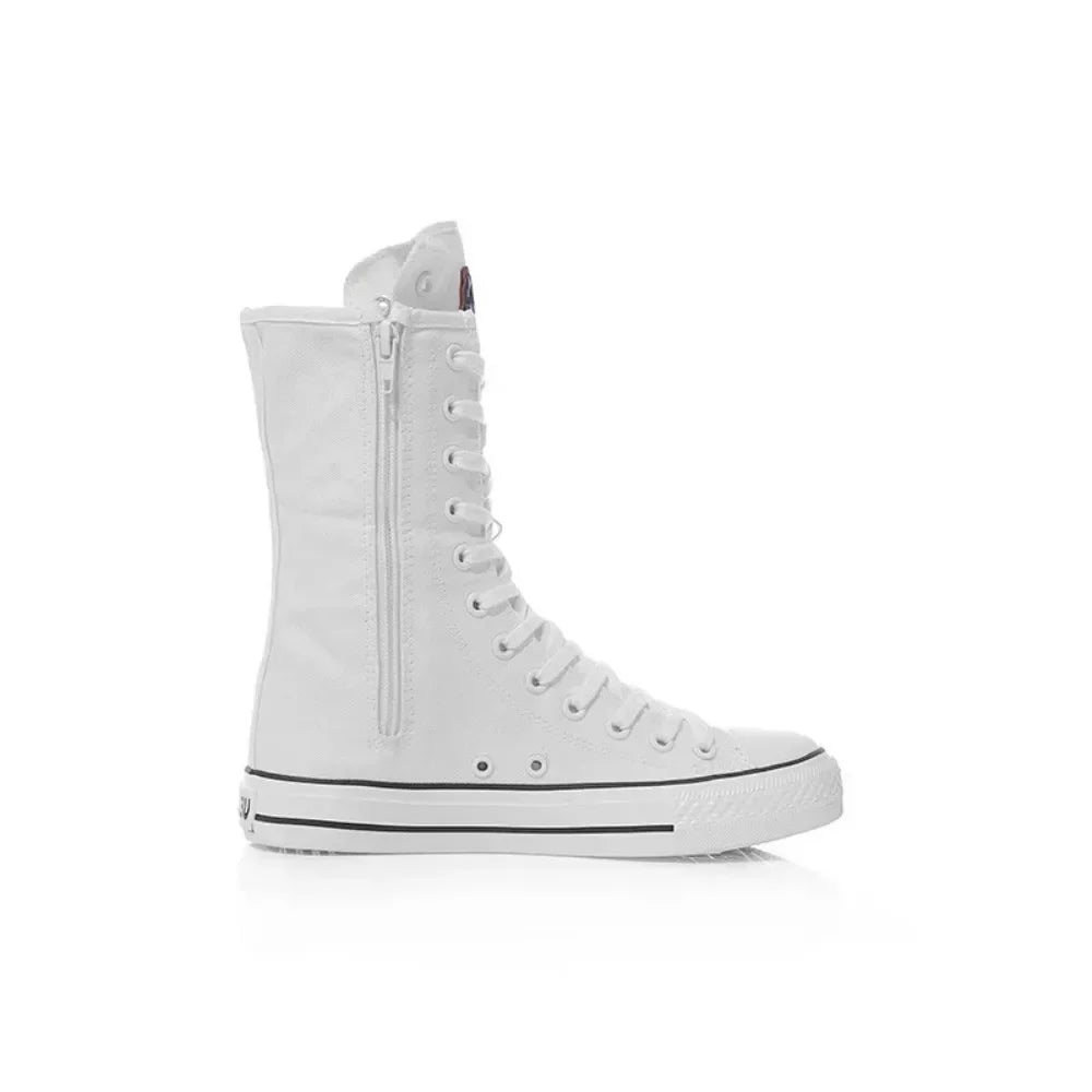 Women's Canvas Sneakers with Mid Tube Lace-Up Design and Side Zipper