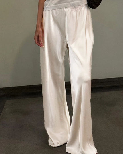 Women's Satin Wide Leg Pants - Casual High Waist Elastic Waistline