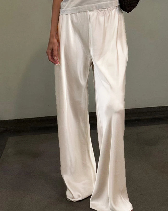 Women's Satin Wide Leg Pants - Casual High Waist Elastic Waistline