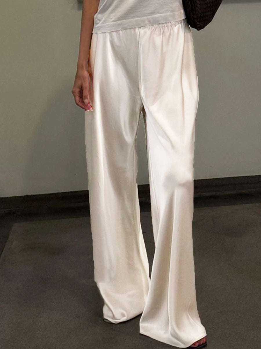 Women's Satin Wide Leg Pants - Casual High Waist Elastic Waistline