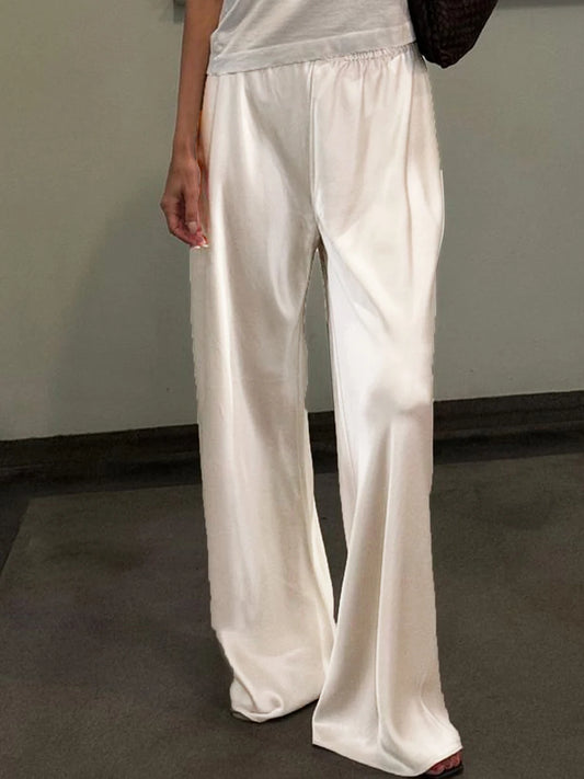 Women's Satin Wide Leg Pants - Casual High Waist Elastic Waistline