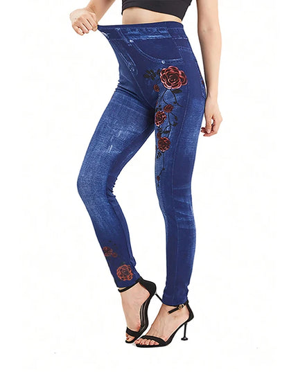 Women’s Denim-Look Leggings with Double-Sided Rose Print