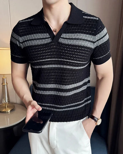 Men's Thin Striped Knitted V-Neck T-Shirt – Stylish Breathable Men's Knit Top