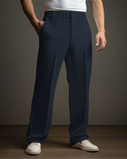 Men's Mid-Waist Twill Straight Leg Pants with Pockets - Casual Long