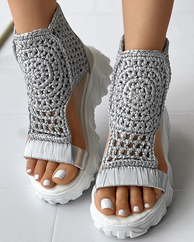 Knitted Women's Sandals with Braided Elastic and Mesh, Flat Bottom Design