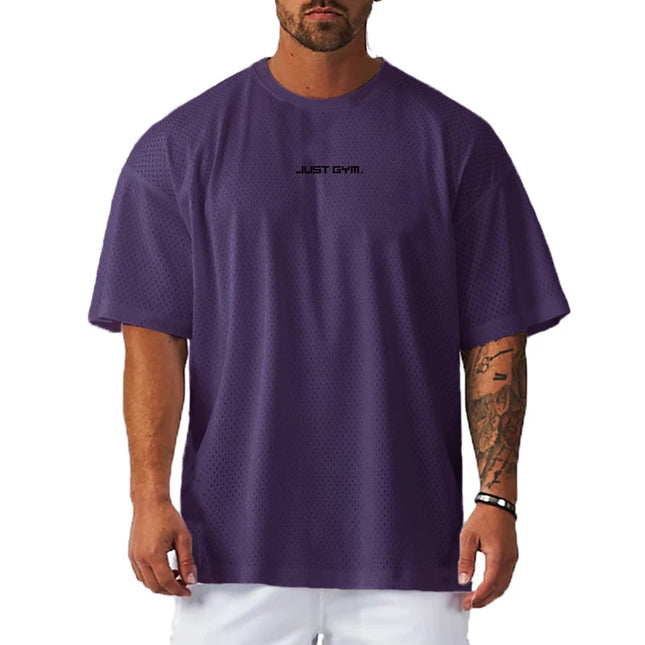 Men's Mesh Breathable "Just Gym" Print Quick-Dry Oversized Loose Fit T-Shirt