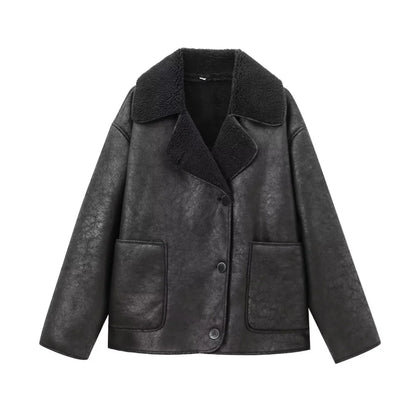 Women's Cozy Faux Leather Jacket with Fleece Collar