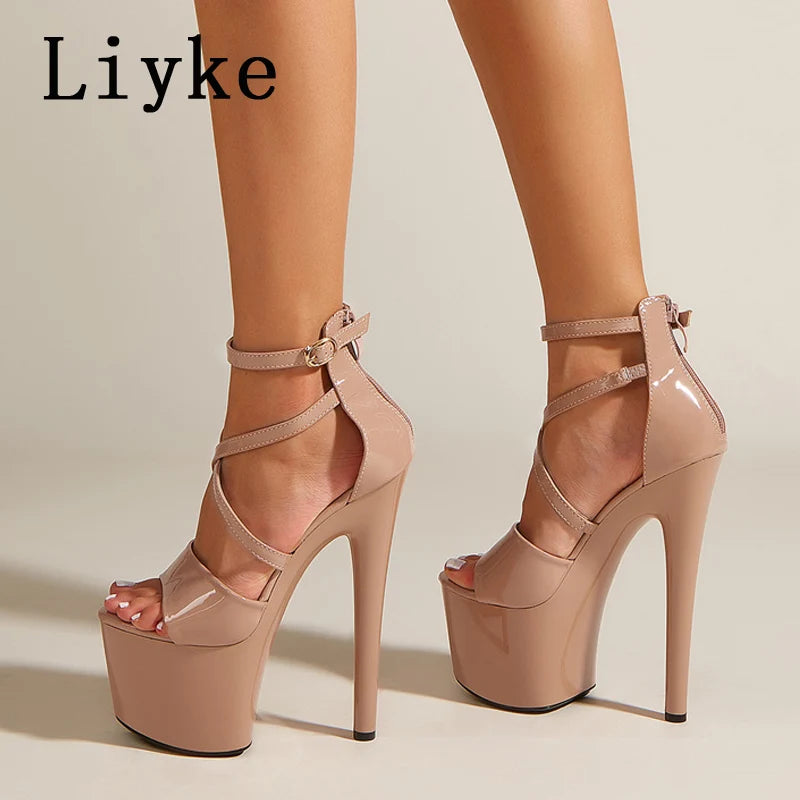 Liyke Women’s  Ankle Strap Platform Heels - 17CM High Open Toe Faux Leather Shoes