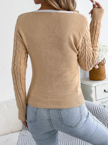 Women's Square Neck Twist Knit Sweater - Stylish Cozy Pullover for Women