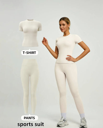 Women's  Short Sleeve Set with High-Waist Yoga Pants and T-Shirt Set