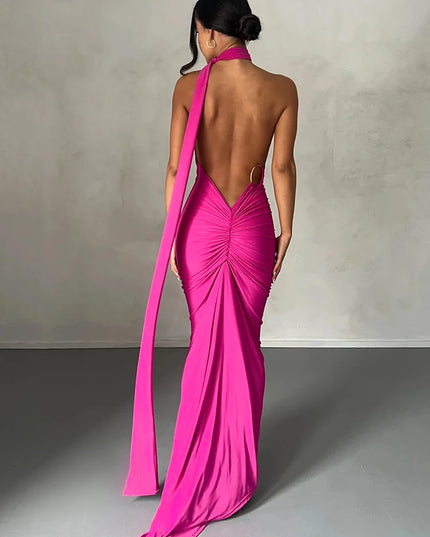 Hugcitar Adjustable Backless Ruched Dress with Single Shoulder and Scarf Loop for Women