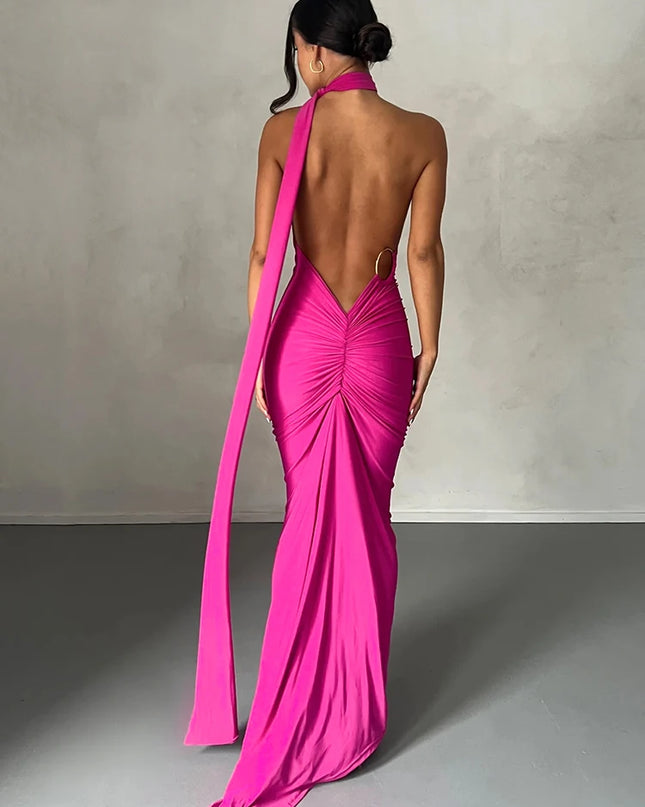 Hugcitar Adjustable Backless Ruched Dress with Single Shoulder and Scarf Loop for Women